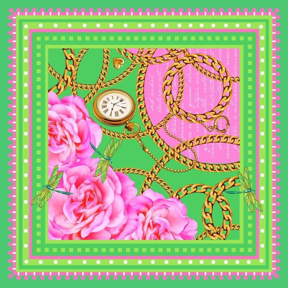 Desire - pink green mini square silk neck / bag scarf, roses chains floral